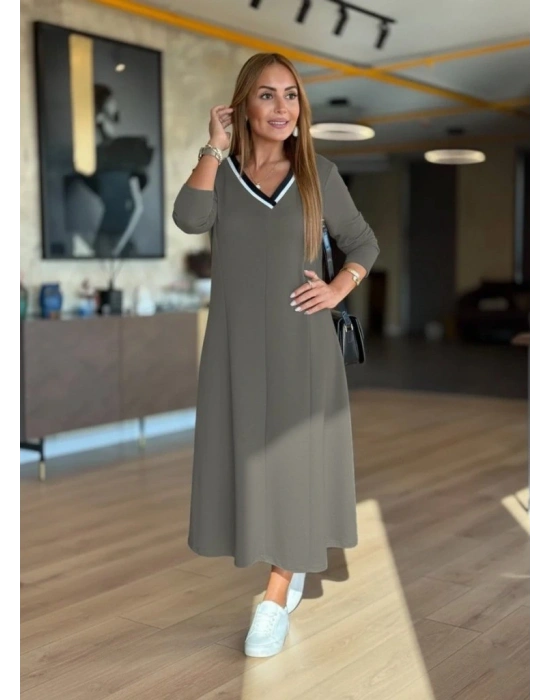 Kadın Uzun Kollu V Yakalı Midi çağla Yeşili Modal Elbise
