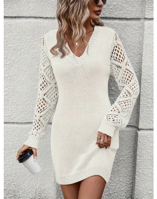 Kadın Uzun Kollu V Yakalı Mini Triko Elbise