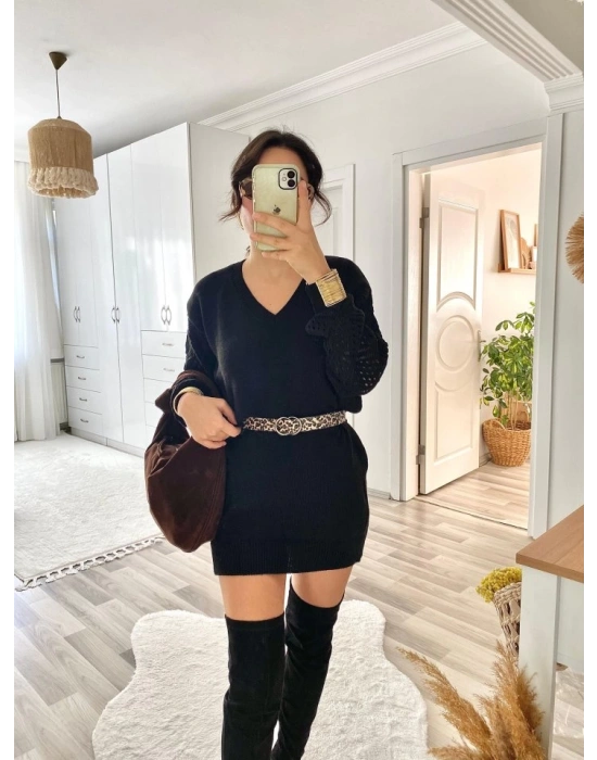 Kadın Uzun Kollu V Yakalı Mini Triko Elbise