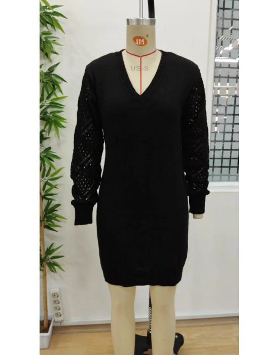 Kadın Uzun Kollu V Yakalı Mini Triko Elbise