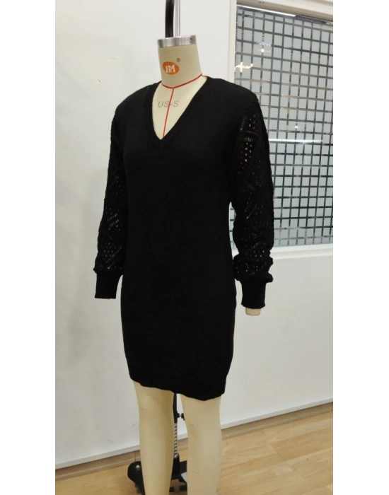 Kadın Uzun Kollu V Yakalı Mini Triko Elbise