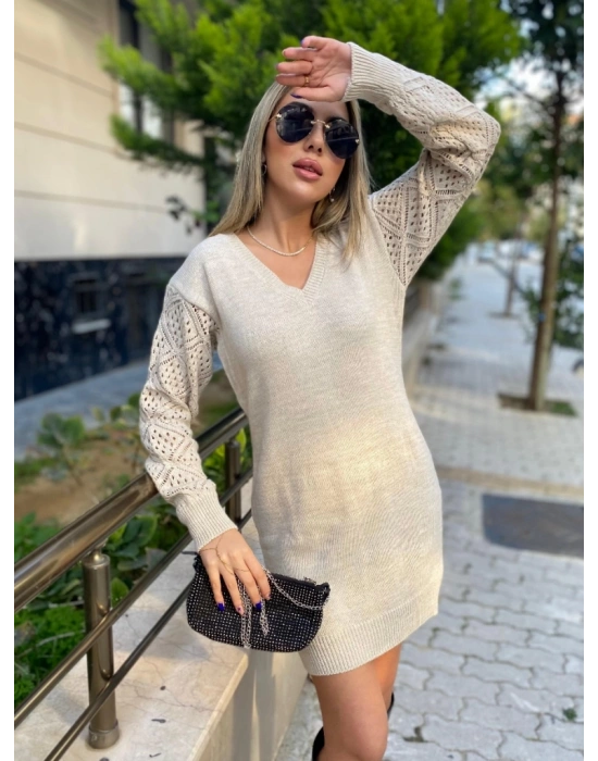 Kadın Uzun Kollu V Yakalı Mini Triko Elbise