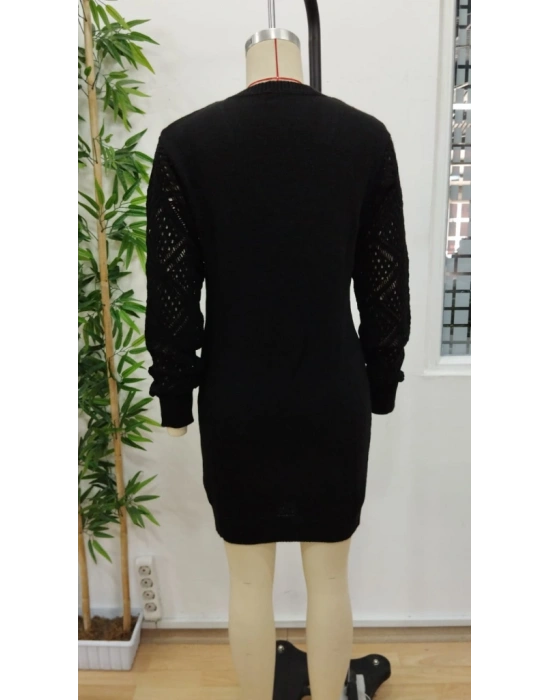 Kadın Uzun Kollu V Yakalı Mini Triko Elbise