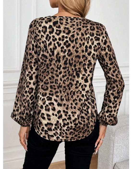 Kadın Uzun Kollu V Yakalı Modal Leopar Bluz