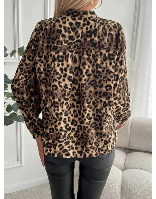 Kadın Uzun Kollu V Yakalı Modal Leopar Desenli Bluz