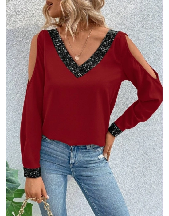 Kadın Uzun Kollu V Yakalı Omuzlardan Açık Sandy Bluz