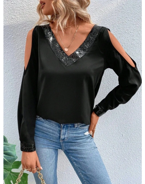 Kadın Uzun Kollu V Yakalı Omuzlardan Açık Sandy Bluz