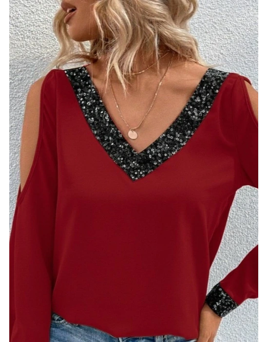 Kadın Uzun Kollu V Yakalı Omuzlardan Açık Sandy Bluz