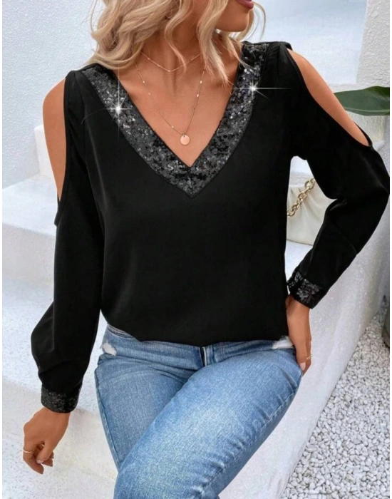 Kadın Uzun Kollu V Yakalı Omuzlardan Açık Sandy Bluz