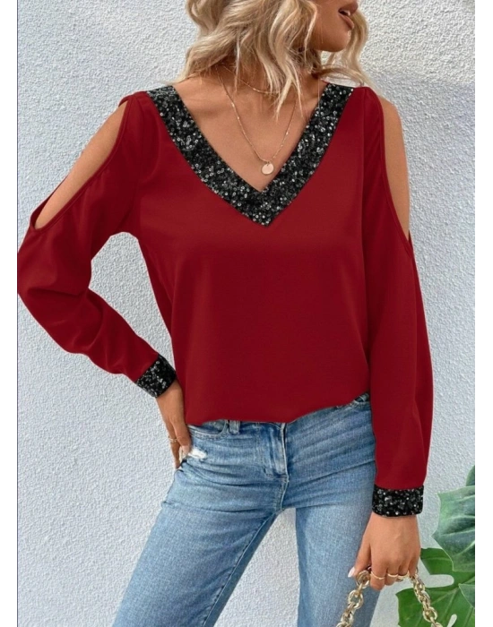 Kadın Uzun Kollu V Yakalı Omuzlardan Açık Sandy Bluz