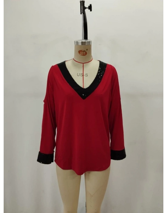 Kadın Uzun Kollu V Yakalı Omuzlardan Açık Sandy Bluz