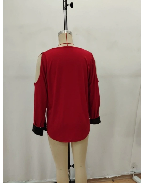 Kadın Uzun Kollu V Yakalı Omuzlardan Açık Sandy Bluz