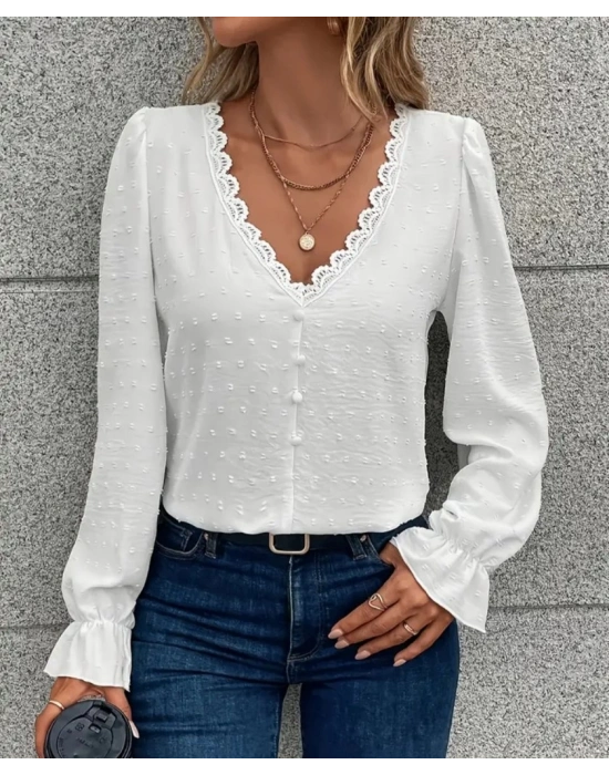Kadın Uzun Kollu V Yakalı önden Düğmeli Bluz