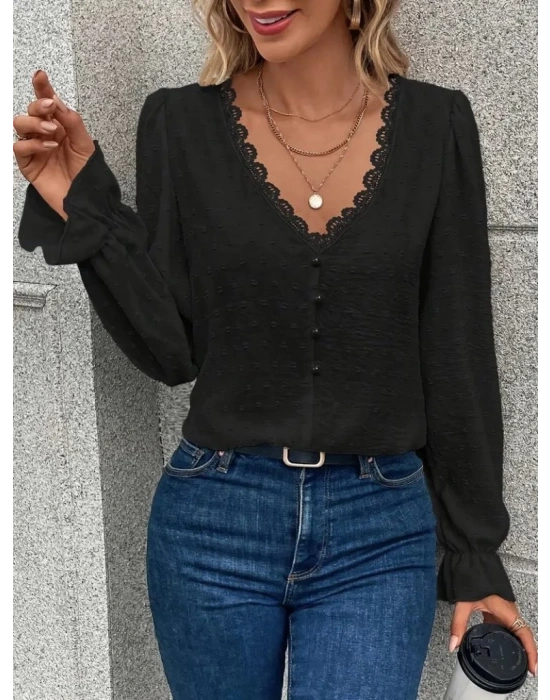 Kadın Uzun Kollu V Yakalı önden Düğmeli Bluz
