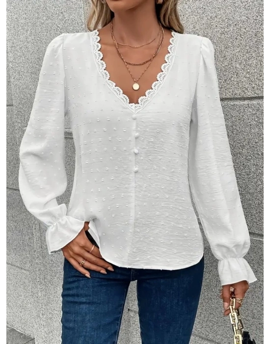 Kadın Uzun Kollu V Yakalı önden Düğmeli Bluz