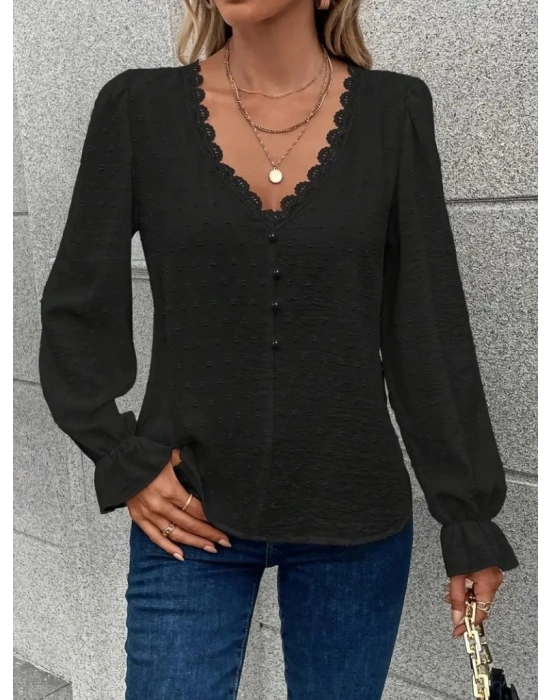 Kadın Uzun Kollu V Yakalı önden Düğmeli Bluz