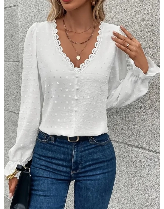 Kadın Uzun Kollu V Yakalı önden Düğmeli Bluz