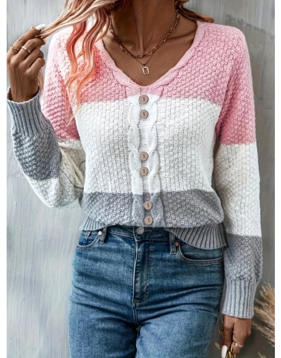 Kadın Uzun Kollu V Yakalı önden Düğmeli çok Renkli Bluz