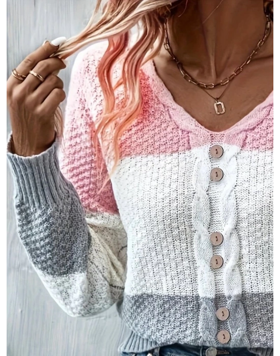 Kadın Uzun Kollu V Yakalı önden Düğmeli çok Renkli Bluz