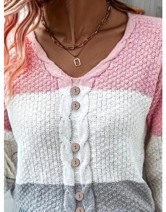 Kadın Uzun Kollu V Yakalı önden Düğmeli çok Renkli Bluz