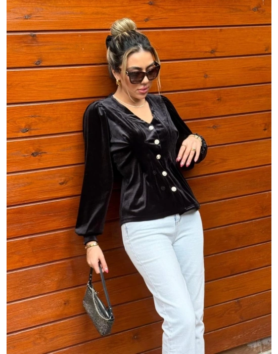 Kadın Uzun Kollu V Yakalı önden Düğmeli Kısa Kadife Bluz