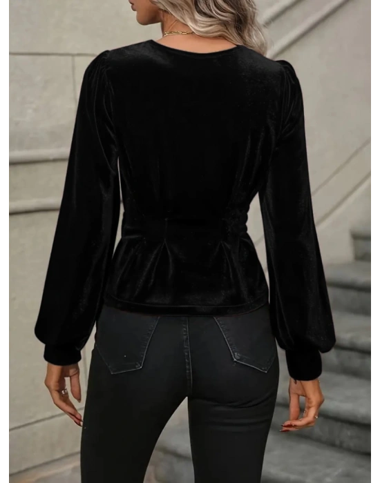 Kadın Uzun Kollu V Yakalı önden Düğmeli Kısa Kadife Bluz