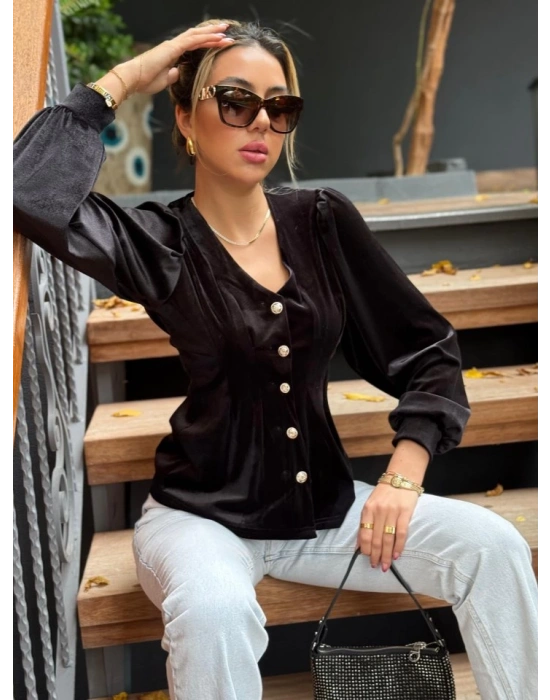 Kadın Uzun Kollu V Yakalı önden Düğmeli Kısa Kadife Bluz