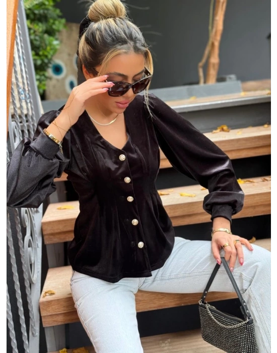Kadın Uzun Kollu V Yakalı önden Düğmeli Kısa Kadife Bluz