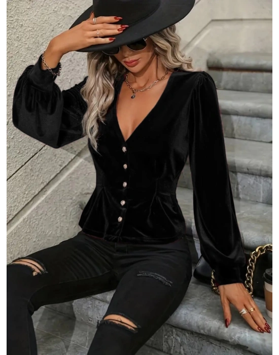 Kadın Uzun Kollu V Yakalı önden Düğmeli Kısa Kadife Bluz