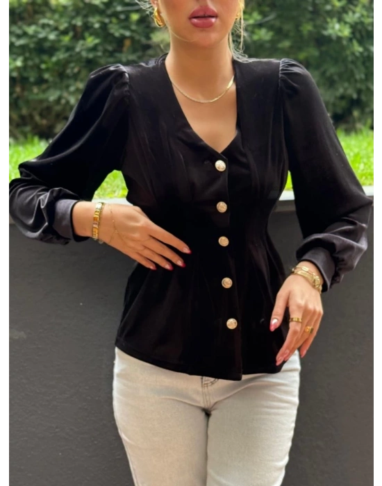 Kadın Uzun Kollu V Yakalı önden Düğmeli Kısa Kadife Bluz