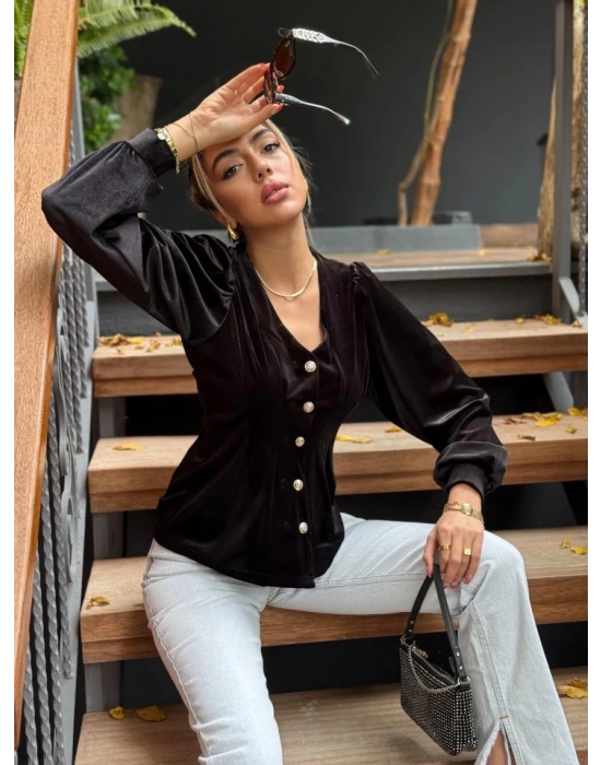 Kadın Uzun Kollu V Yakalı önden Düğmeli Kısa Kadife Bluz