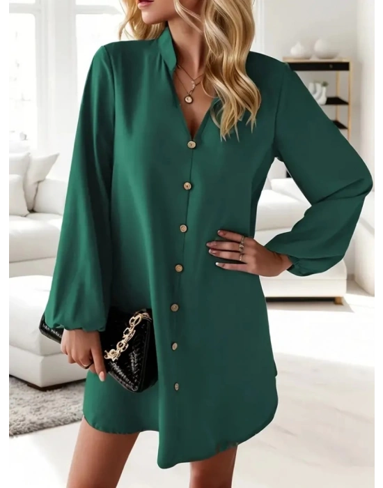 Kadın Uzun Kollu V Yakalı önden Düğmeli Kısa Sandy Elbise
