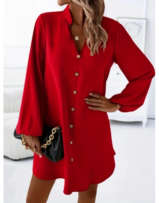 Kadın Uzun Kollu V Yakalı önden Düğmeli Kısa Sandy Elbise