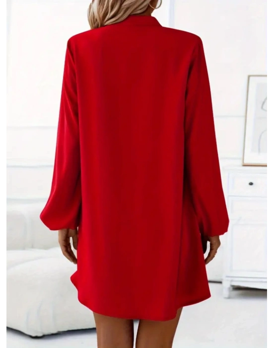 Kadın Uzun Kollu V Yakalı önden Düğmeli Kısa Sandy Elbise