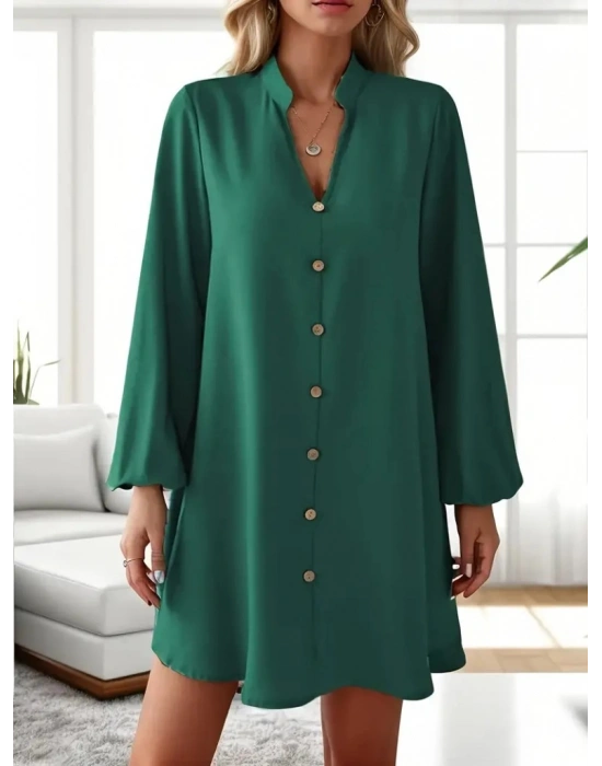 Kadın Uzun Kollu V Yakalı önden Düğmeli Kısa Sandy Elbise