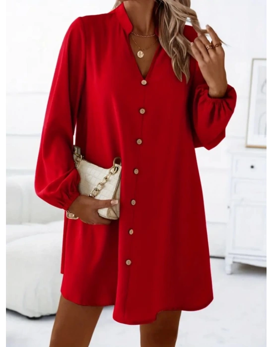 Kadın Uzun Kollu V Yakalı önden Düğmeli Kısa Sandy Elbise