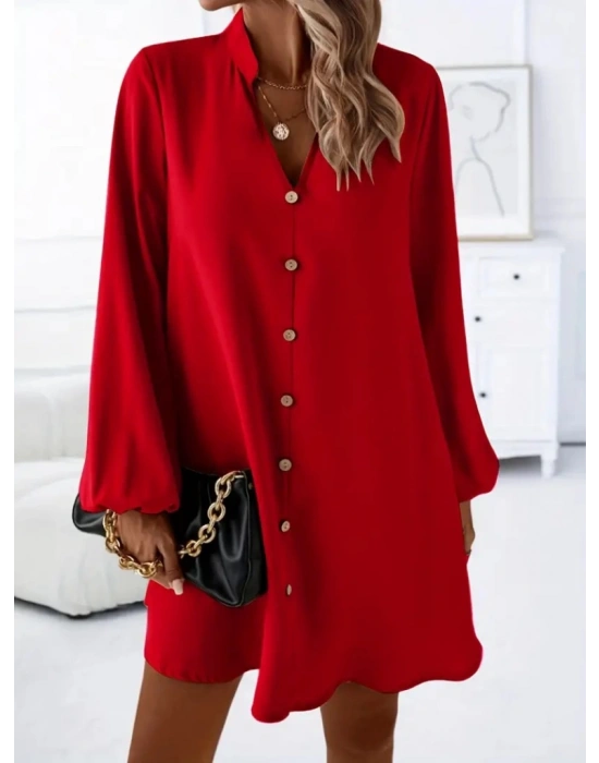 Kadın Uzun Kollu V Yakalı önden Düğmeli Kısa Sandy Elbise