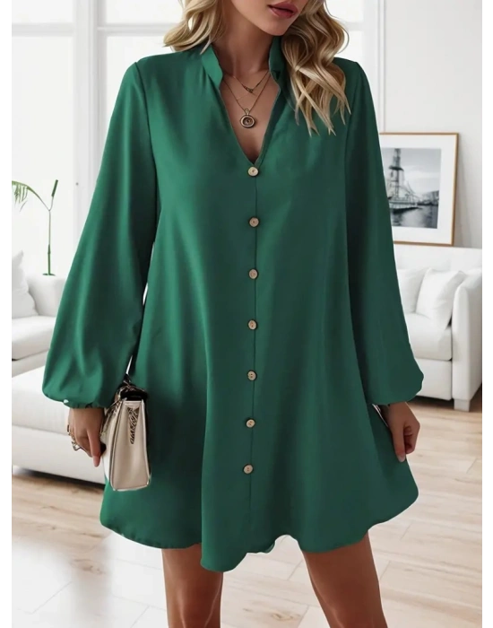 Kadın Uzun Kollu V Yakalı önden Düğmeli Kısa Sandy Elbise