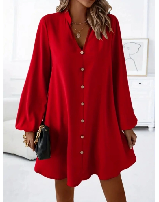 Kadın Uzun Kollu V Yakalı önden Düğmeli Kısa Sandy Elbise