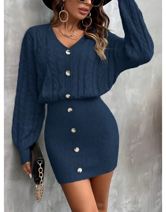 Kadın Uzun Kollu V Yakalı önden Düğmeli Kısa Triko Elbise