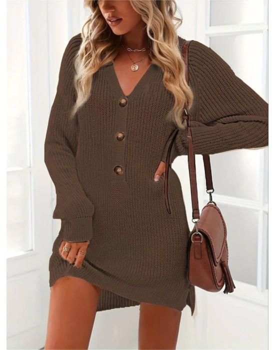 Kadın Uzun Kollu V Yakalı önden Düğmeli Kısa Triko Elbise