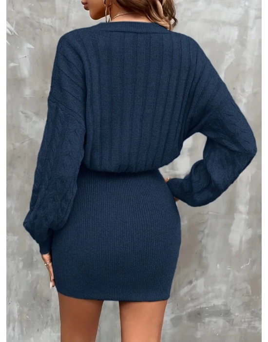 Kadın Uzun Kollu V Yakalı önden Düğmeli Kısa Triko Elbise