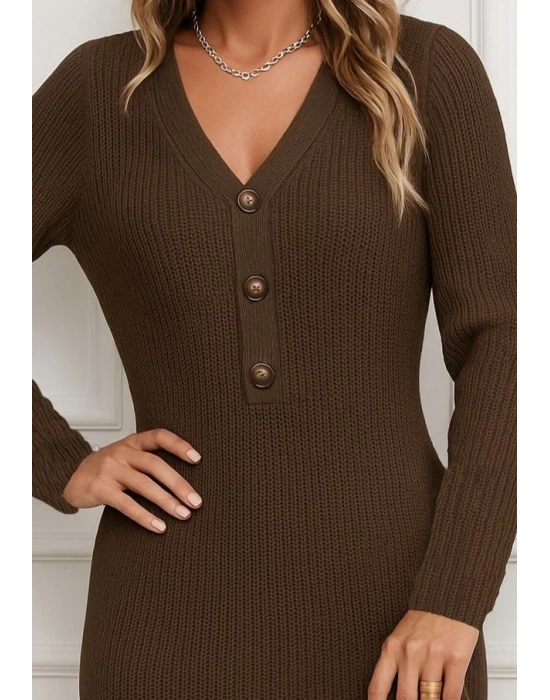 Kadın Uzun Kollu V Yakalı önden Düğmeli Kısa Triko Elbise