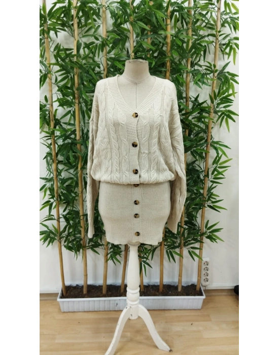 Kadın Uzun Kollu V Yakalı önden Düğmeli Kısa Triko Elbise