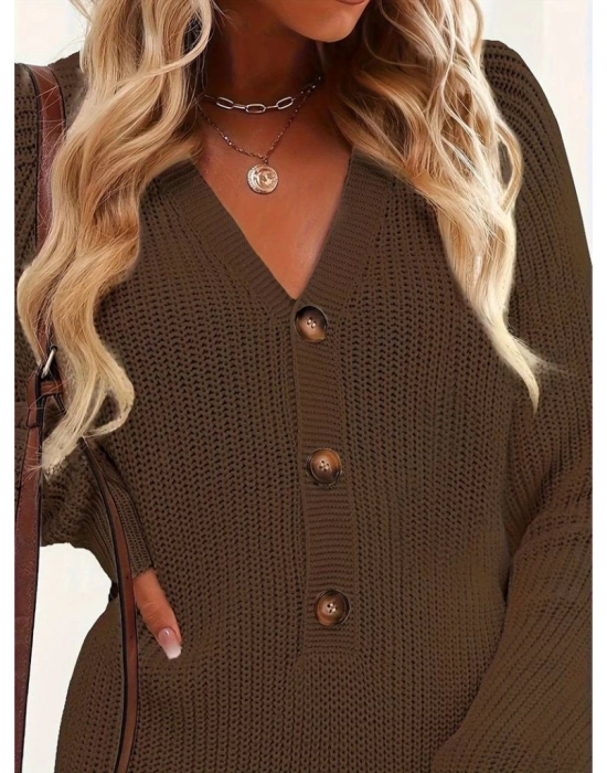 Kadın Uzun Kollu V Yakalı önden Düğmeli Kısa Triko Elbise