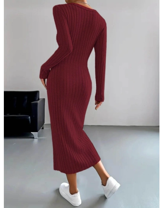 Kadın Uzun Kollu V Yakalı önden Düğmeli şardonlu Kaşkorse Elbise