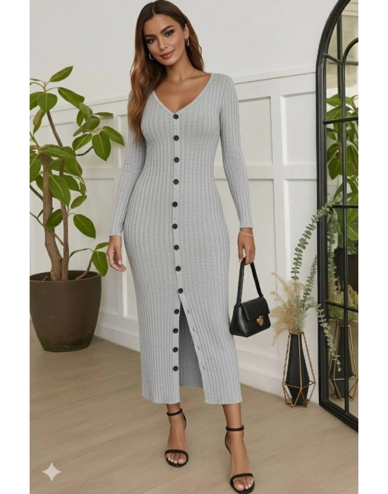 Kadın Uzun Kollu V Yakalı önden Düğmeli şardonlu Kaşkorse Elbise