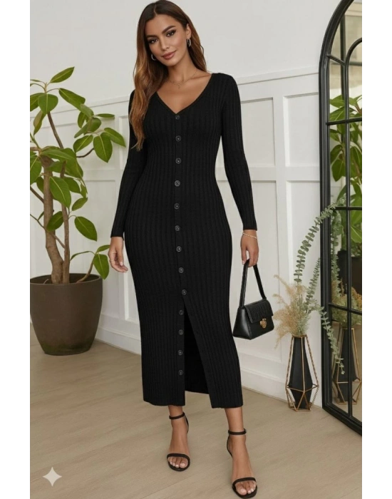 Kadın Uzun Kollu V Yakalı önden Düğmeli şardonlu Kaşkorse Elbise