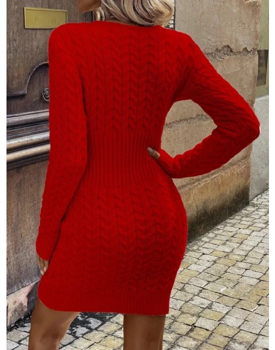 Kadın Uzun Kollu V Yakalı önden Fermuarlı Kısa Triko Elbise