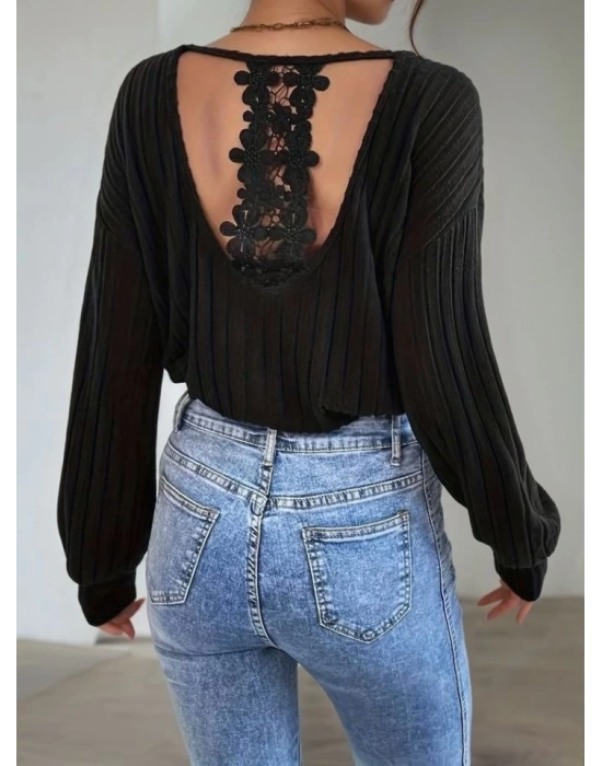 Kadın Uzun Kollu V Yakalı Pencere Sırt Dantel Detaylı Kalın Fitilli Kaşkorse Bluz
